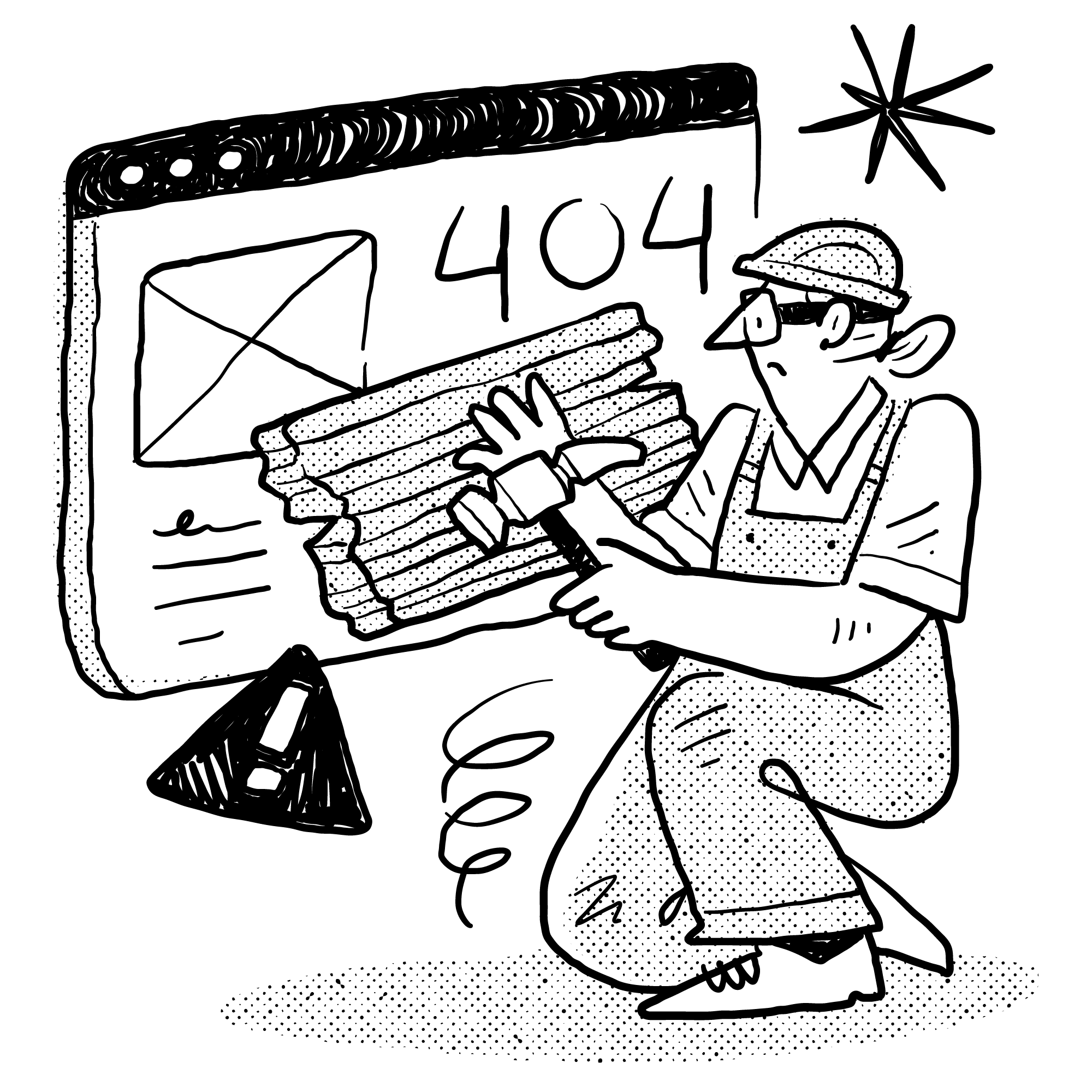 404 illustration showing a person with laptop and browser window